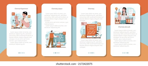 Chemistry school lesson mobile application banner set. Student learning chemical formula and element. Scientific experiment in the laboratory with reagents. Flat vector illustration