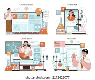 Chemistry school lesson online service or platform set. Student learning chemical formula and element. Experiment in the laboratory. Online test, lesson, textbook, chat. Flat vector illustration