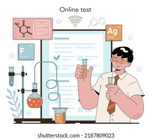 Chemistry school lesson online service or platform. Student learning chemical formula and element. Experiment in the laboratory. Online test. Flat vector illustration