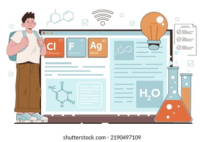 Chemistry school lesson online service or platform. Student learning chemical formula and element. Experiment in the laboratory. Online textbook. Flat vector illustration