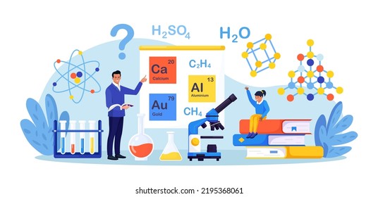 Chemistry school lesson. Pupil learning chemical formula, elements. Scientific experiment in laboratory with chemistry flasks, reagents. Lab scientific researches. Elementary schools education