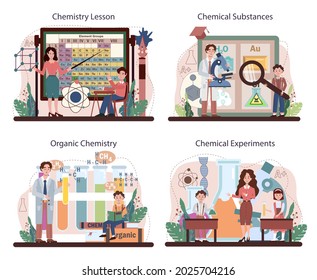 Chemistry school lesson set. Student learning chemical formula and element. Scientific experiment in the laboratory with reagents. Flat vector illustration