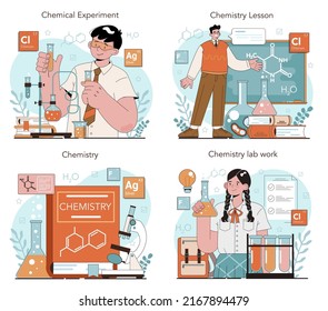 Chemistry school lesson set. Student learning chemical formula and element. Scientific experiment in the laboratory with reagents. Flat vector illustration