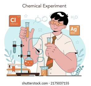 Chemistry school lesson. Student learning chemical formula and element. Scientific experiment in the laboratory with reagents. Flat vector illustration