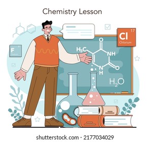 Chemistry school lesson. Student learning chemical formula and element. Scientific experiment in the laboratory with reagents. Flat vector illustration