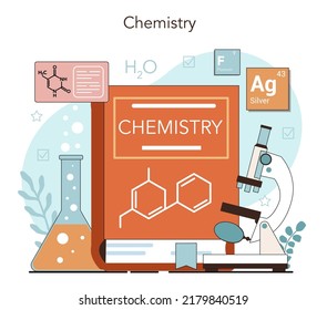 Chemistry school lesson. Student learning chemical formula and element. Scientific experiment in the laboratory with reagents. Flat vector illustration