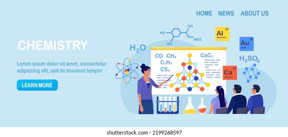 Chemistry school lesson. Students learning chemical formula, element structure. Scientific experiment in laboratory with chemistry flasks, reagents, science equipment. Lab scientific researches