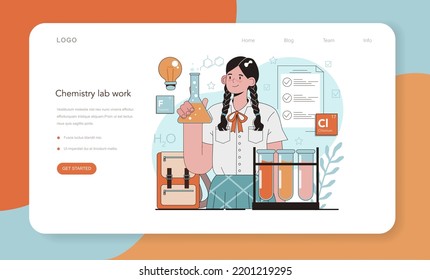 Chemistry school lesson web banner or landing page. Student learning chemical formula and element. Scientific experiment in the laboratory with reagents. Flat vector illustration