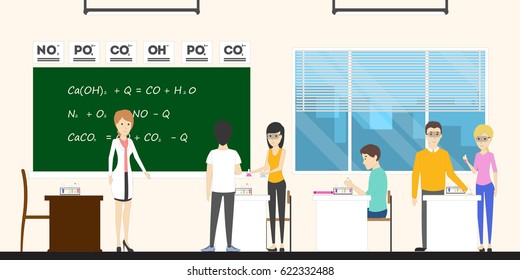 Chemistry in school. Pupils in lab with teacher.