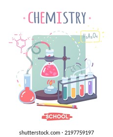 Chemistry school subject equipment. Educational chemical experiment with substances in flasks, tubes. Science learning lesson, study, knowledge, laboratory education concept flat vector illustration