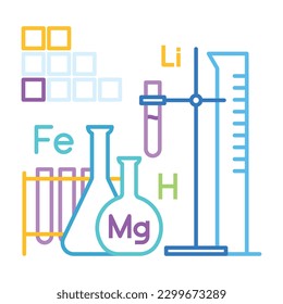 Chemistry. School subject sign. Composition of tubes, flasks, periodic elements. Science fair concept, chemistry competition cover. Linear illustration in minimalist style. 