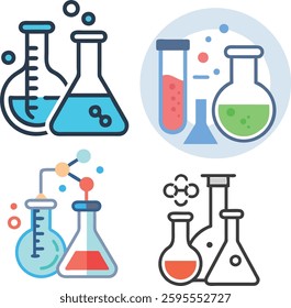 Chemistry and science black vector icon set. Test tubes, microscope, atom and molecule symbols. Test tube icon set, different kind of flask, beaker and graduated cylinder. Laboratory glassware symbol.