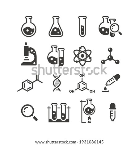 Chemistry and science black vector icon set. Test tubes, microscope, atom and molecule symbols.