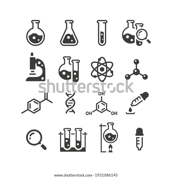 Chemistry and science black vector icon\
set. Test tubes, microscope, atom and molecule\
symbols.