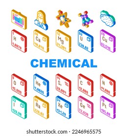 chemistry science chemical icons set vector. laboratory technology, scientific element, education atom, medical research molecule chemistry science chemical isometric sign illustrations