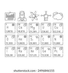 chemistry science chemical icons set vector. laboratory technology, scientific element, education atom, medical research molecule chemistry science chemical black contour illustrations