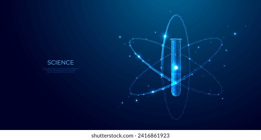 Konzept der Chemiewissenschaften. Abstraktes Testrohr- und Atom-Modell in hellblauem Low-Poly-Futuristikstil. Digitaler Laborkolben. Glühende polygonale 3D-Vektorgrafik. Innovationsforschung