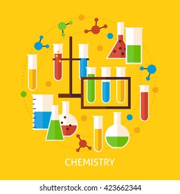 Chemistry Science Concept. Flat Poster Design Vector Illustration. Collection of Education and Learning Colorful Objects.