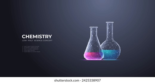 Concepto de ciencia química. Tubos de ensayo de laboratorio con líquido de color. Matraz químico abstracto. Tubo de vidrio de laboratorio. Poligonal 3D médico, fondo de química. Ilustración vectorial de malla baja de polietileno digital.