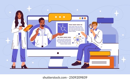 Concepto de ciencia química. Hombres y mujeres cerca de pastillas y drogas. Conferencia médica en línea. Personas en el estudio uniforme de la estructura de las moléculas en Internet. Investigación científica. Ilustración vectorial plana