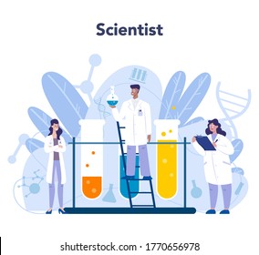 Chemistry science concept. Scientific experiment in the laboratory. Science equipment, chemical research. Biochemistry and geochemistry, Isolated vector illustration in flat style