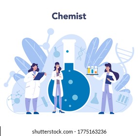 Chemistry science concept. Scientific experiment in the laboratory. Science equipment, chemical research. Biochemistry and geochemistry, Isolated vector illustration in flat style