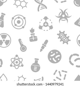 Chemistry science details glyph vector seamless pattern. Pharmacy and chemistry, education and science laboratory elements and equipment