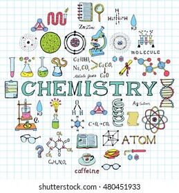 Chemistry Science Doodle Hand Drawing isolated Elements on sketchbook checkered paper background. Science and School Education theme.