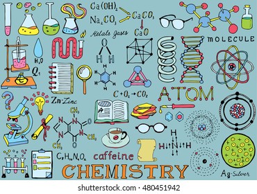Chemistry Science Doodle Hand Drawing isolated Elements. Science and School Education theme.