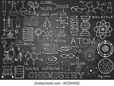 Chemistry Science Doodle Hand Drawn Elements in Gray Chalkboard Background. Science and School Education theme.