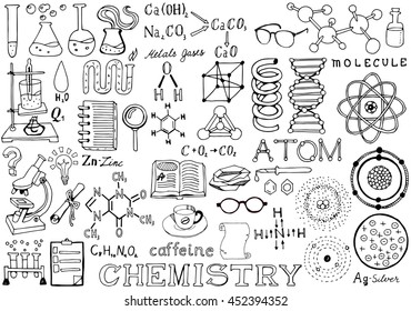 Chemistry Science Doodle Handwriting Elements. Science And School Education Theme.