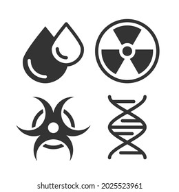 Elementos de la ciencia química y detalles conjunto de iconos vectoriales. Caída de agua, espiral de adn, helix, signos atómicos.