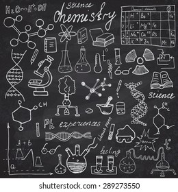 Chemistry And Science Elements Doodles Icons Set. Hand Drawn Sketch With Microscope, Formulas, Experiments Equipment, Analysis Tools, Vector Illustration On Chalkboard Background