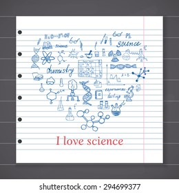 Chemistry and science elements doodles icons set. Hand drawn sketch with microscope, formulas, experiments equipment, analysis tools, vector illustration on chalkboard background.