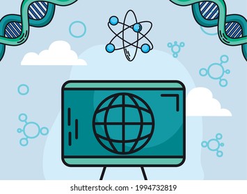 Chemie und Wissenschaft, globale Sphäre mit Atom und DNA