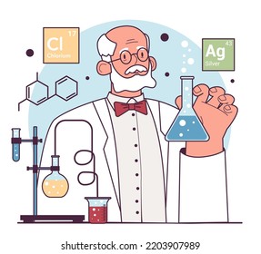 Chemistry science history and development. Chemistry scientist doing an experiment in the laboratory. Different chemical substances' atoms research. Flat vector illustration