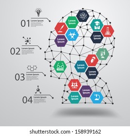 Chemistry and science icon education concept, with human head with an interface icons, Vector illustration modern design template, workflow layout, diagram, step up options