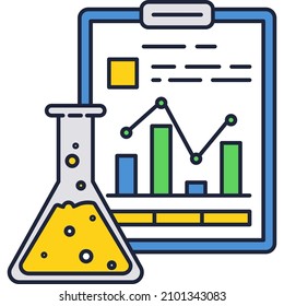 Chemistry science icon. Laboratory research equipment and chemical analysis results on tablet screen vector. Biotechnology, biochemistry, medical or pharmacy experiment