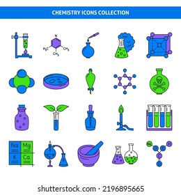Das Chemie-Wissenschaftssymbol setzt sich aus farbigen Linien zusammen. Chemische Gesetze und Symbole. Vektorgrafik.