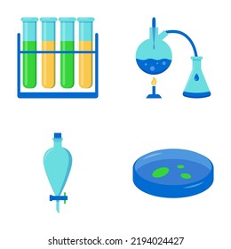 Chemistry science icon set in flat style. Chemical laboratory equipment and glassware symbols. Vector illustration.