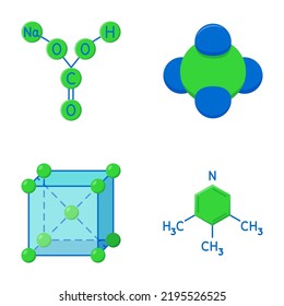 Das Chemie-Wissenschaftssymbol setzt sich in flachem Stil zusammen. Symbole der chemischen Formel und der Molekül-Struktur. Vektorgrafik.