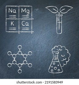 Chemistry science icon set on chalkboard. Periodic table of elements, chemical reaction, molecule structural model and organic chemistry symbols. Vector illustration.