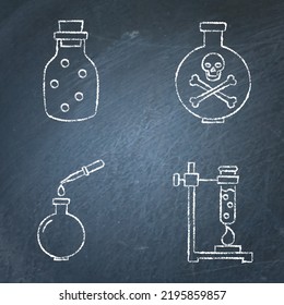 Chemistry science icon set on chalkboard. Chemical lab equipment for experiments. Vector illustration.