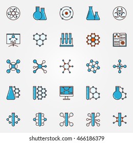Chemistry and science icons set - vector flat colorful symbols. Blue molecular biotechnology concept signs