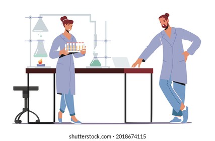 Chemistry Science Invent. Chemists Conducting Experiments and Scientific Research in Laboratory. Scientists Staff Work with Equipment Test Tubes and Beakers in Lab. Cartoon People Vector Illustration