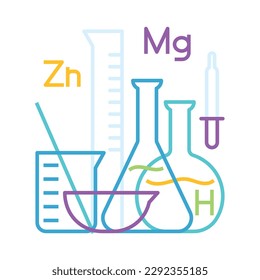 Chemistry science. Lab equipment - beaker, flask, florence flask graduated, cylinder, dropper, glass dish. Linear illustration on white. Minimalist style illustration. For science fair, cover, poster