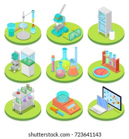 Chemistry Science Lab Isometric. Pharmaceutics, Research Experiment, Chemical Technology. Vector flat 3d illustration