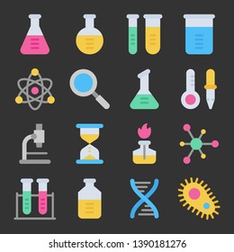 Chemistry science laboratory colorful vector icon set on dark background. Pharmacy and chemistry, education and science elements and equipment