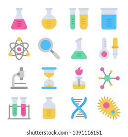 Chemistry science laboratory colorful vector icon set. Pharmacy and chemistry, education and science elements and equipment