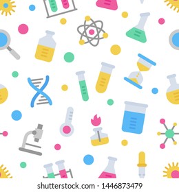 Chemistry science laboratory colorful vector seamless pattern. Pharmacy and chemistry, education and science elements and equipment